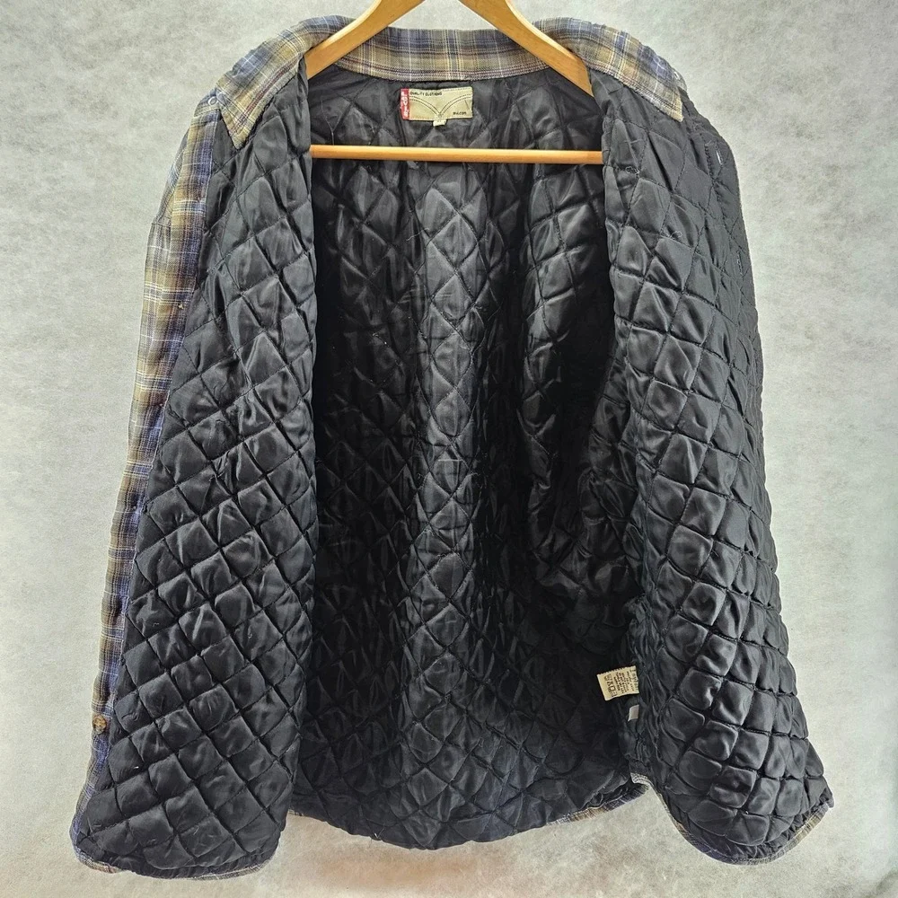 Levi's Mens Flannel Shacket‎ Plaid Quilted Lined Button Up Medium Blue Tan - Picture 5 of 9